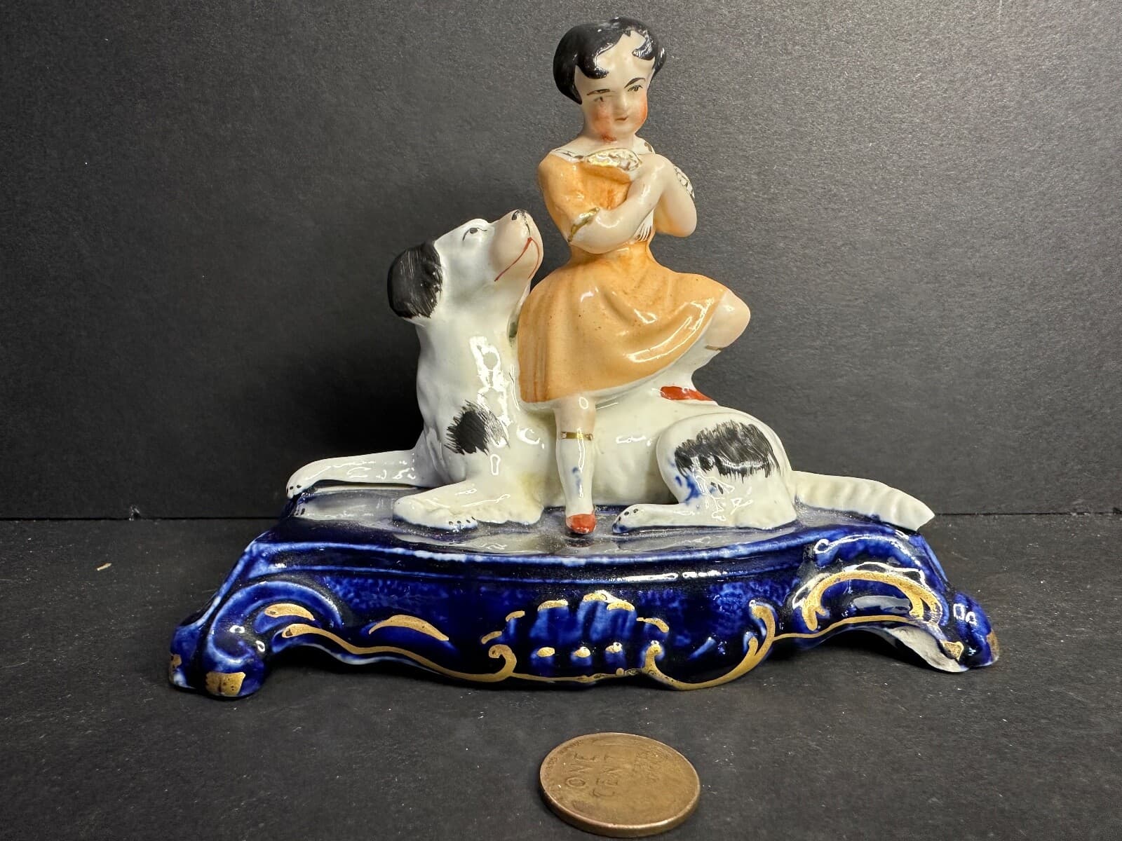 Antique Staffordshire Dog & Child & Bird, Cobalt Base, Black & White Spaniel