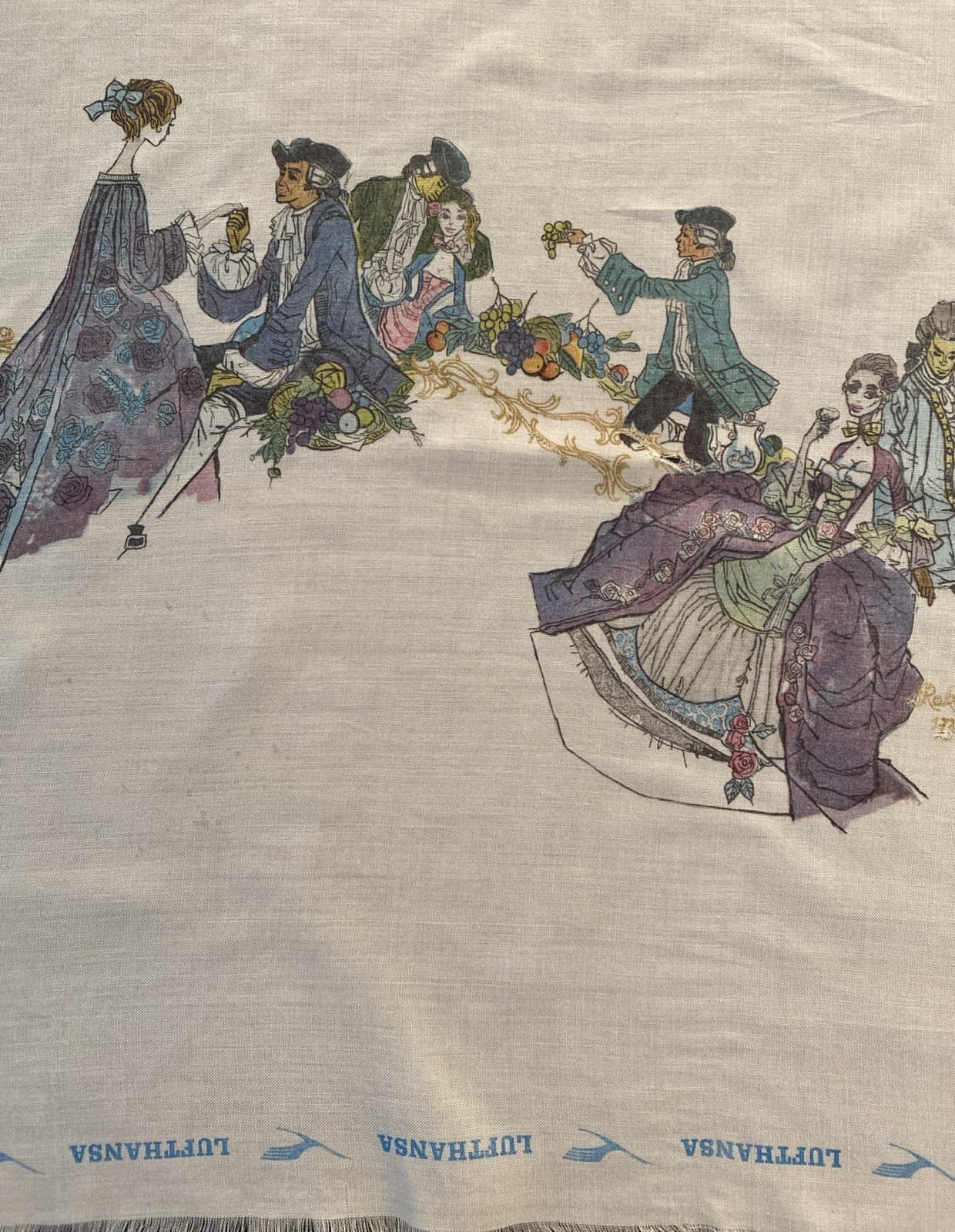 Vtg LUFTHANSA AIRLINES SOUVENIR SILK SCARF Rokoko (Rococo) 1730-70 M. H. Hassler