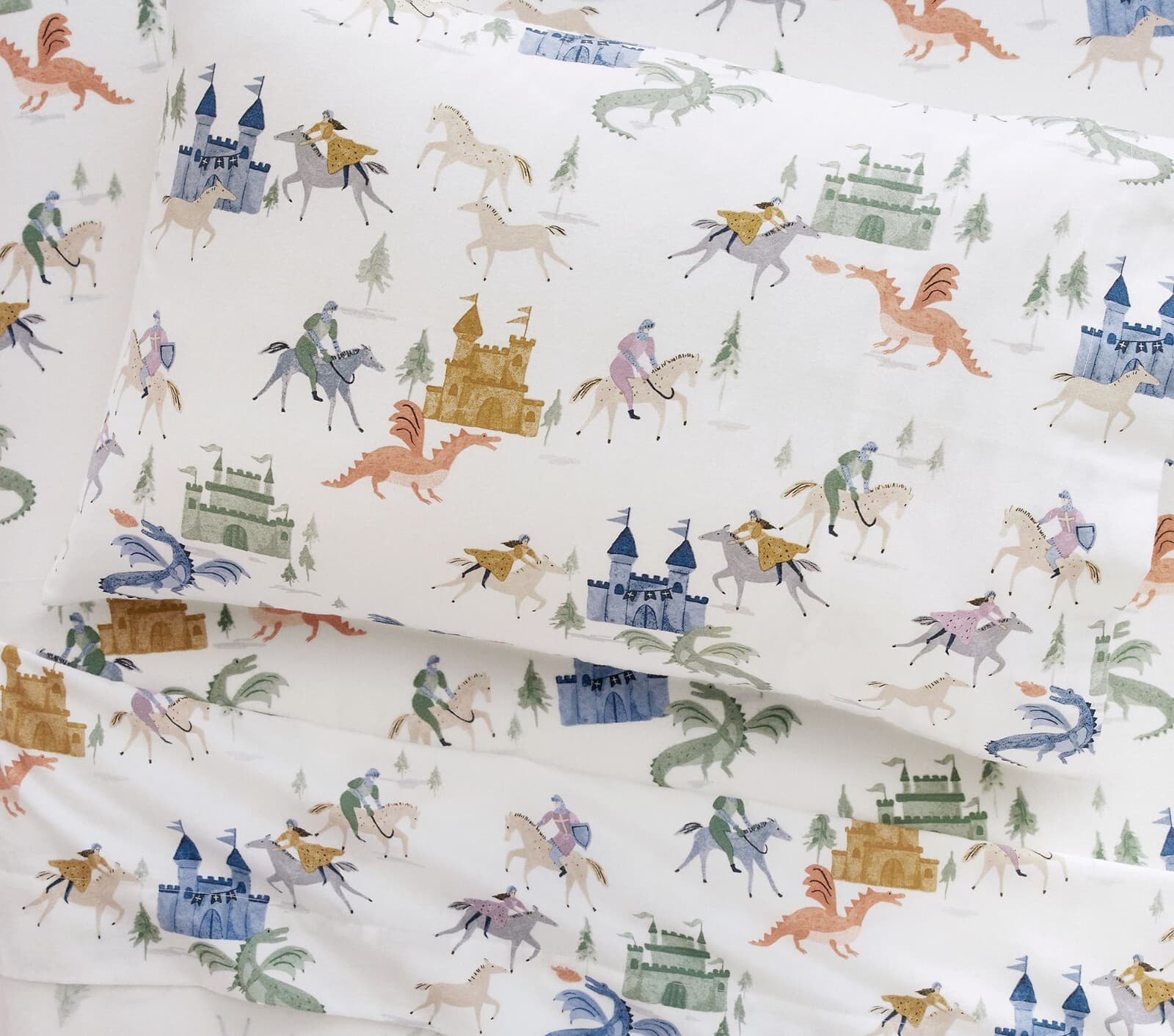 NEW Pottery Barn Kids Knights & Dragons Flannel Twin Sheet Set, Castles 2