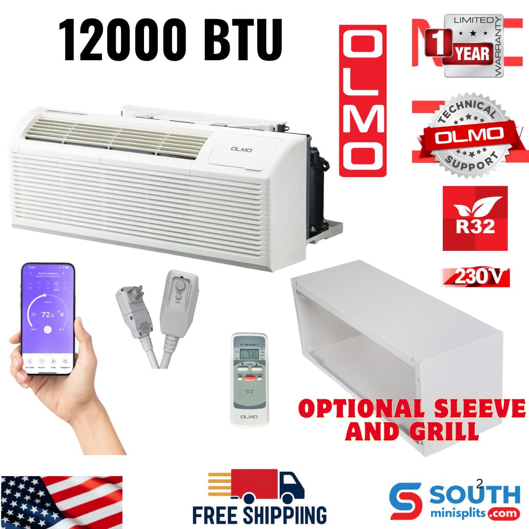 OLMO 12000 BTU Smart PTAC AC/Heat 230V Through Wall Remote Control Sleeve Grill