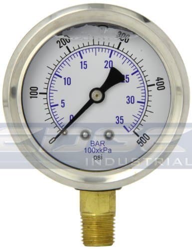 LIQUID FILLED PRESSURE GAUGE 0-500 PSI, 2.5" FACE, 1/4" NPT LOWER MOUNT WOG