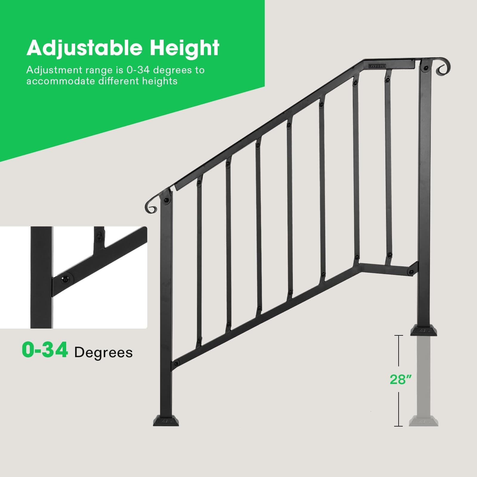 VIVOSUN 2/3/4/5 Steps Wrought Iron Handrail Stair Railing Adjustable Height 3