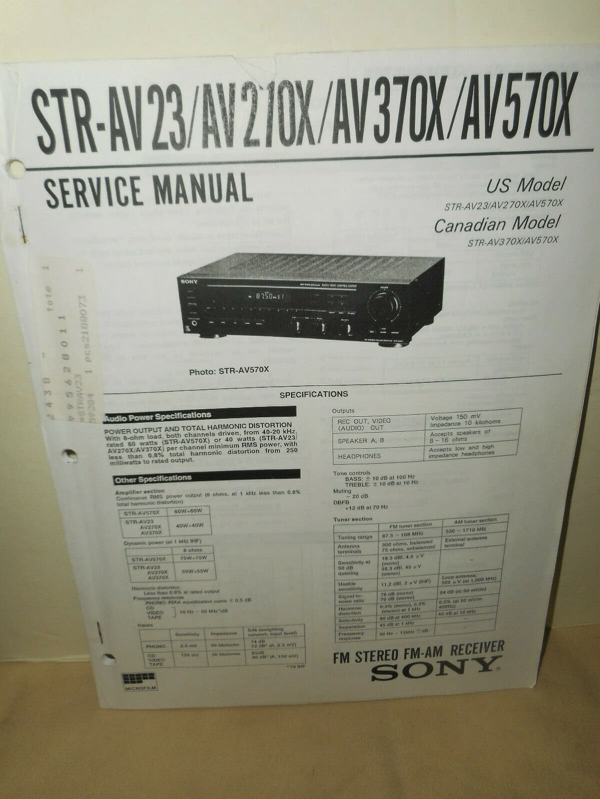 Sony STR AV23 / AV 270X / AV 370X / AV 570X Service Manual Parts List Schematics