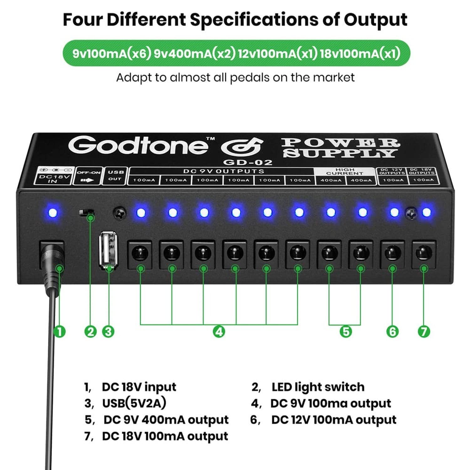 Guitar Pedal Power Supply 10 Isolated DC Output for 9V/12V/18V, 100mA 400mA E... 2