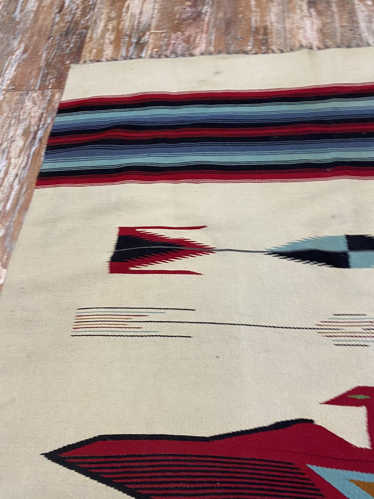 Vintage Woven Thunderbird Rug Red White Native Pattern 80”x46” 5