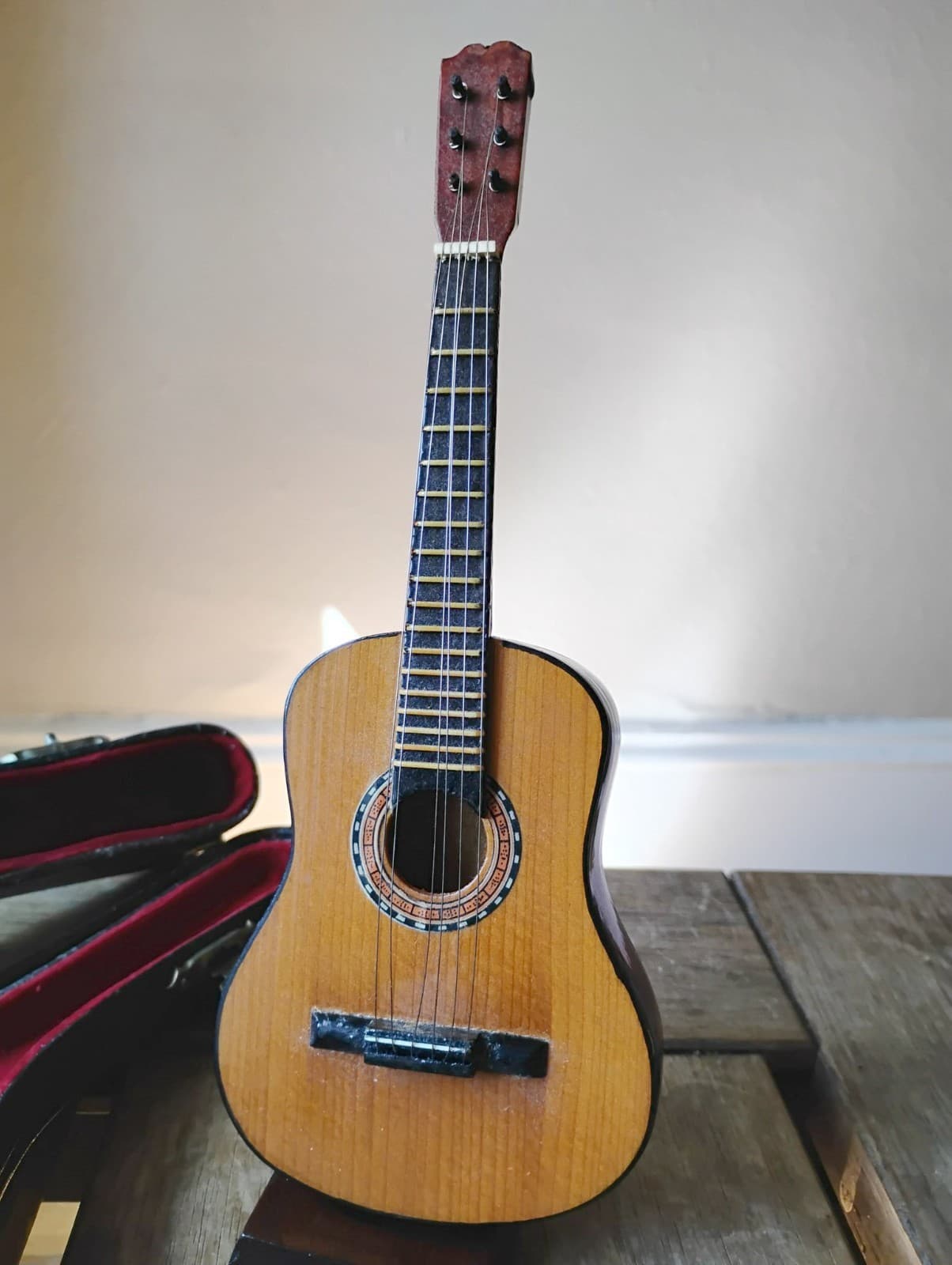 Vintage Miniature Acoustic Guitar With Carrying Case 8” 2