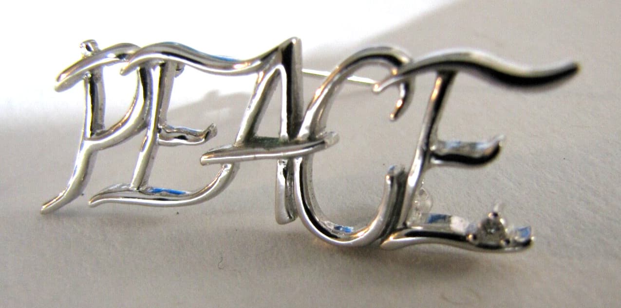 Modernist Sterling Silver Peace Cut Out Pin Open Silver Work Diamond Chip Signed 3