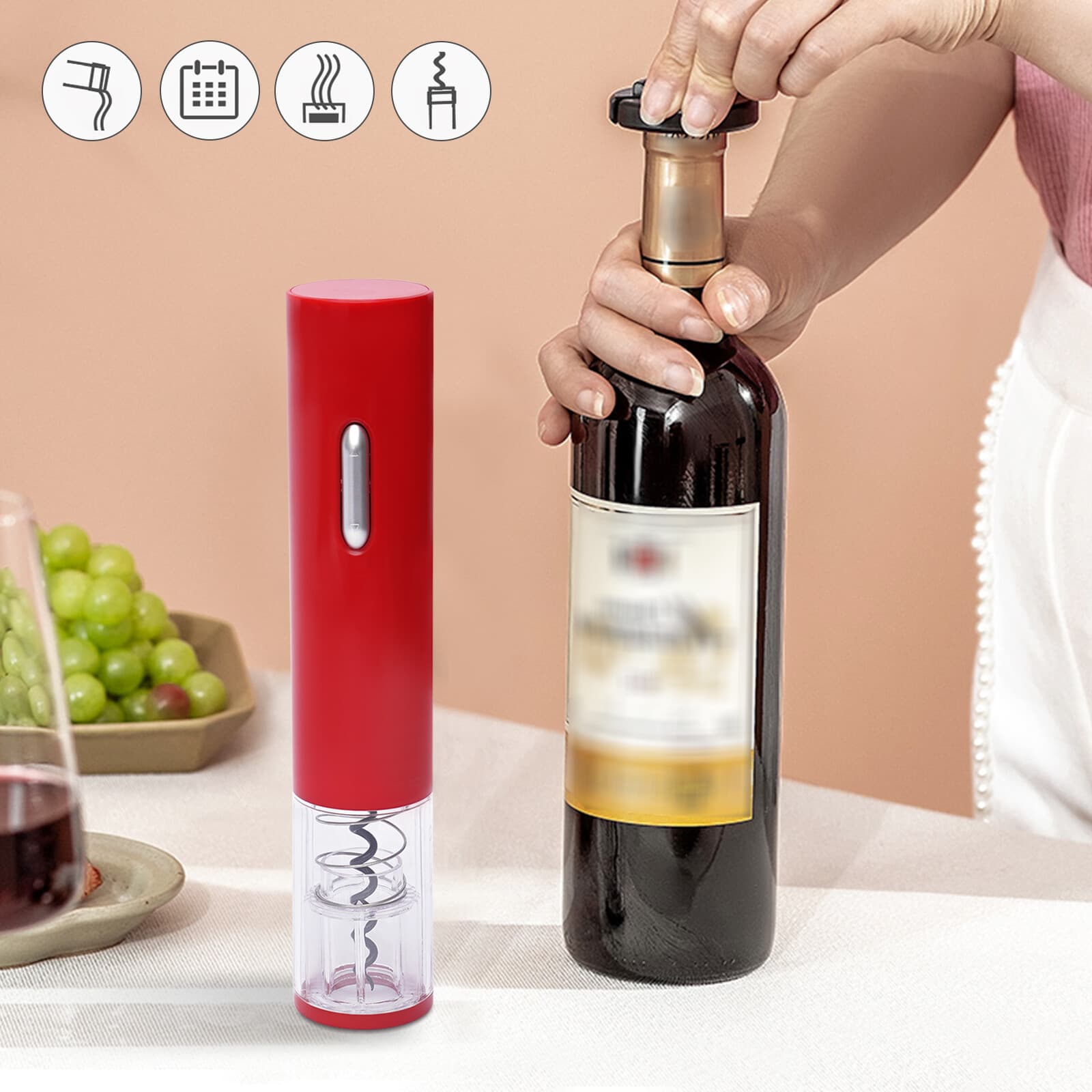 Electric Wine Opener, Automatic Cordless Wine Bottle Opener w/Foil Cutter Red