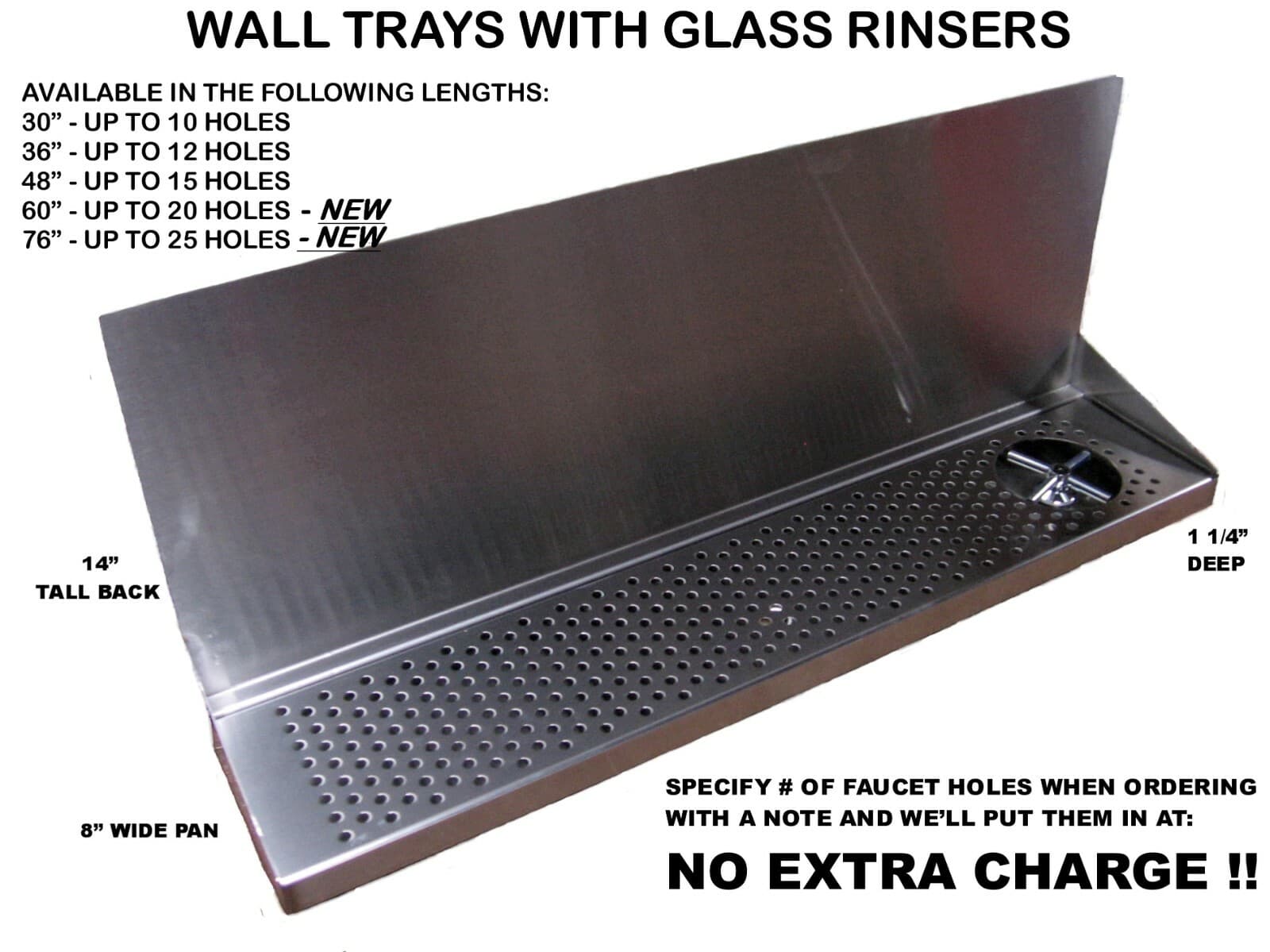 SS Draft Beer Wall Mt Drip Tray 60" L - w/ rinser- drain # DTWM60SS-8-R