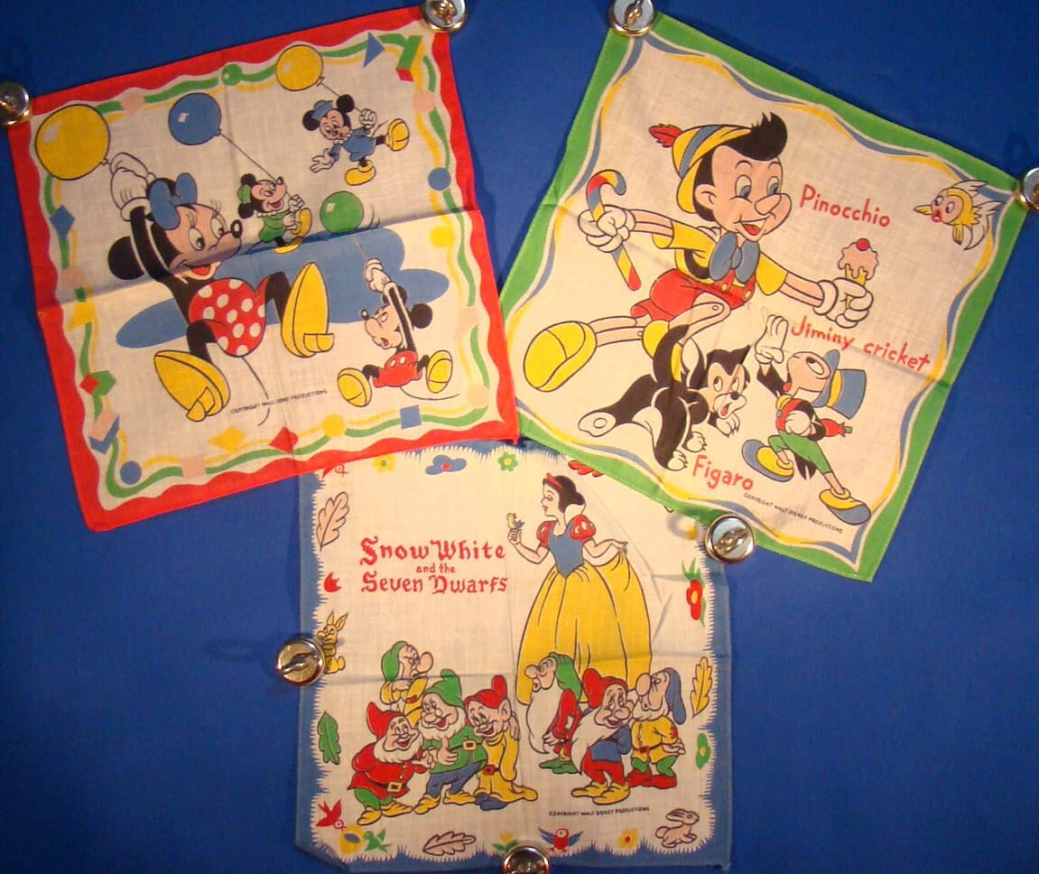 WALT DISNEY MICKEY & MINNIE, SNOW WHITE & PINOCCHIO HANDKERCHIEFS 1950’s!