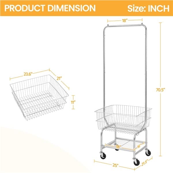 Heavy duty Garment Organizer Laundry Cart With Storage Basket Double Pole Rack 3