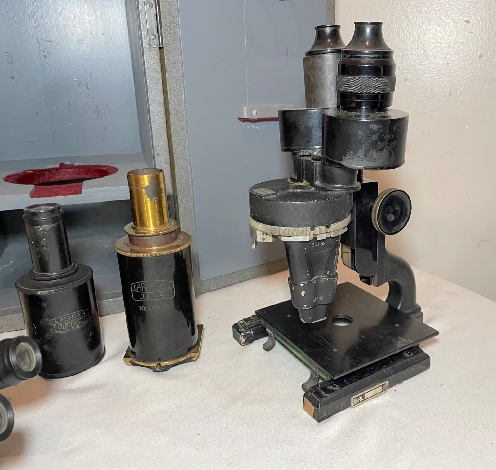 antique Carl Zeiss Spencer Buffalo binocular lab microscope brass attachments 2