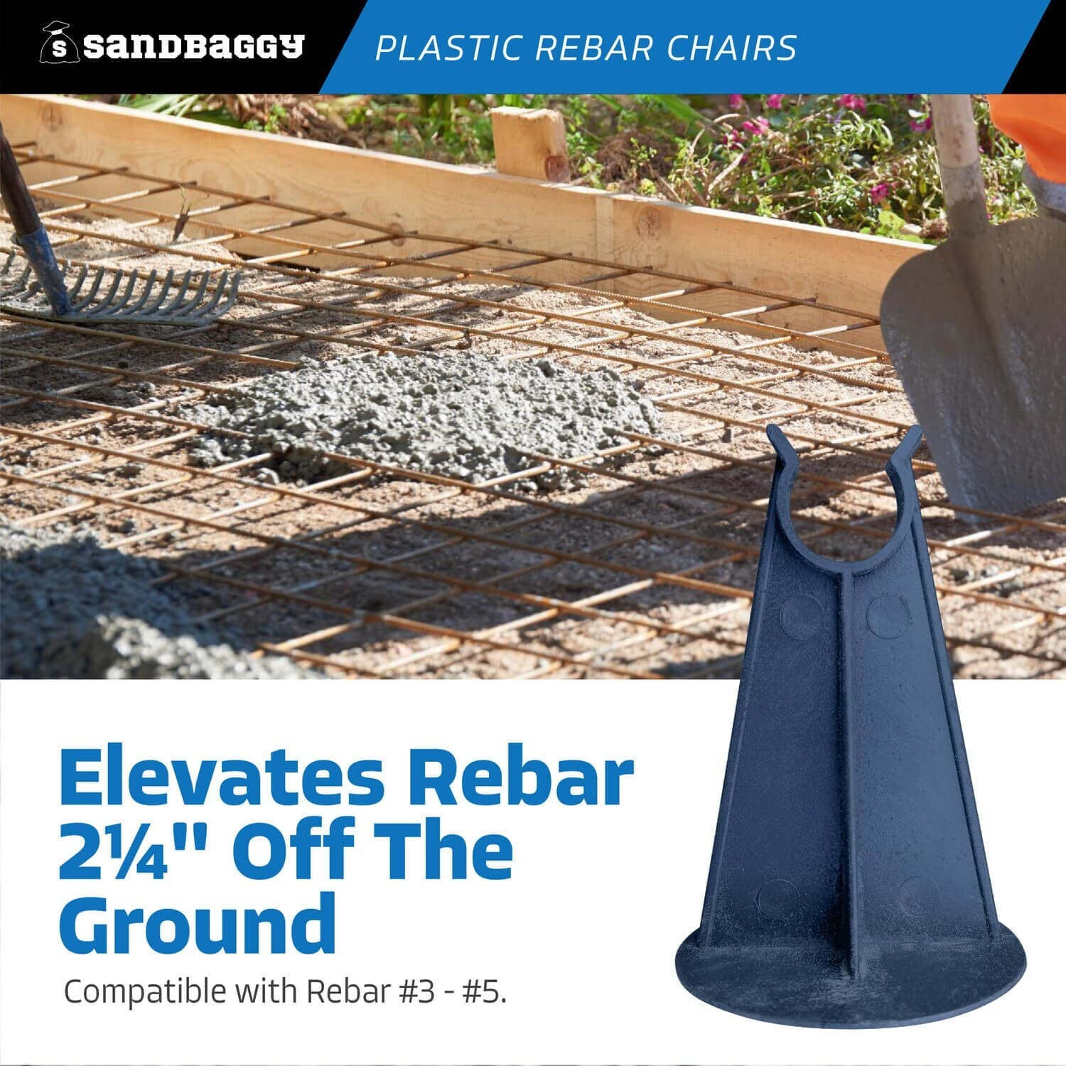 Sandbaggy 2-1/4 Inch Rebar Plastic Chair | Fits Rebar #3 to #5 | Heavy Duty 6