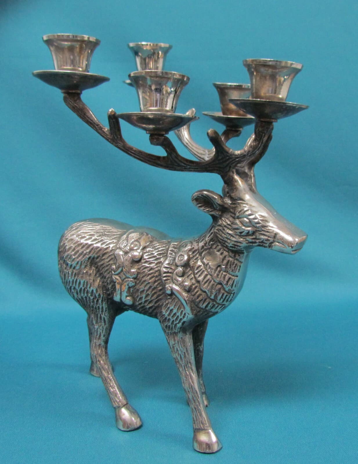 Reindeer Candelabra Silver Tone Cast Metal Christmas Deer 5 Candle 3