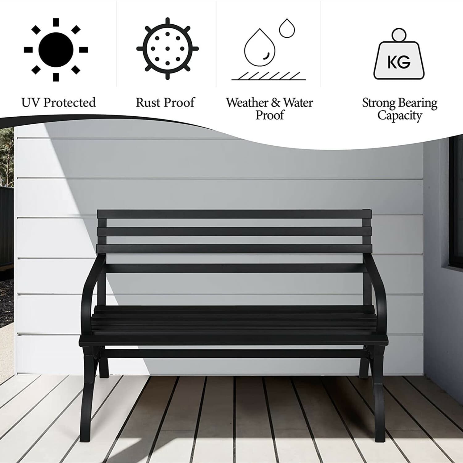 Outdoor Bench Metal Patio Chair Porch Garden Park Path Deck Seating Black 5