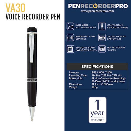 VA30 Voice Activated Recording Pen, Hidden Audio Recorder, 30-Day Battery 3