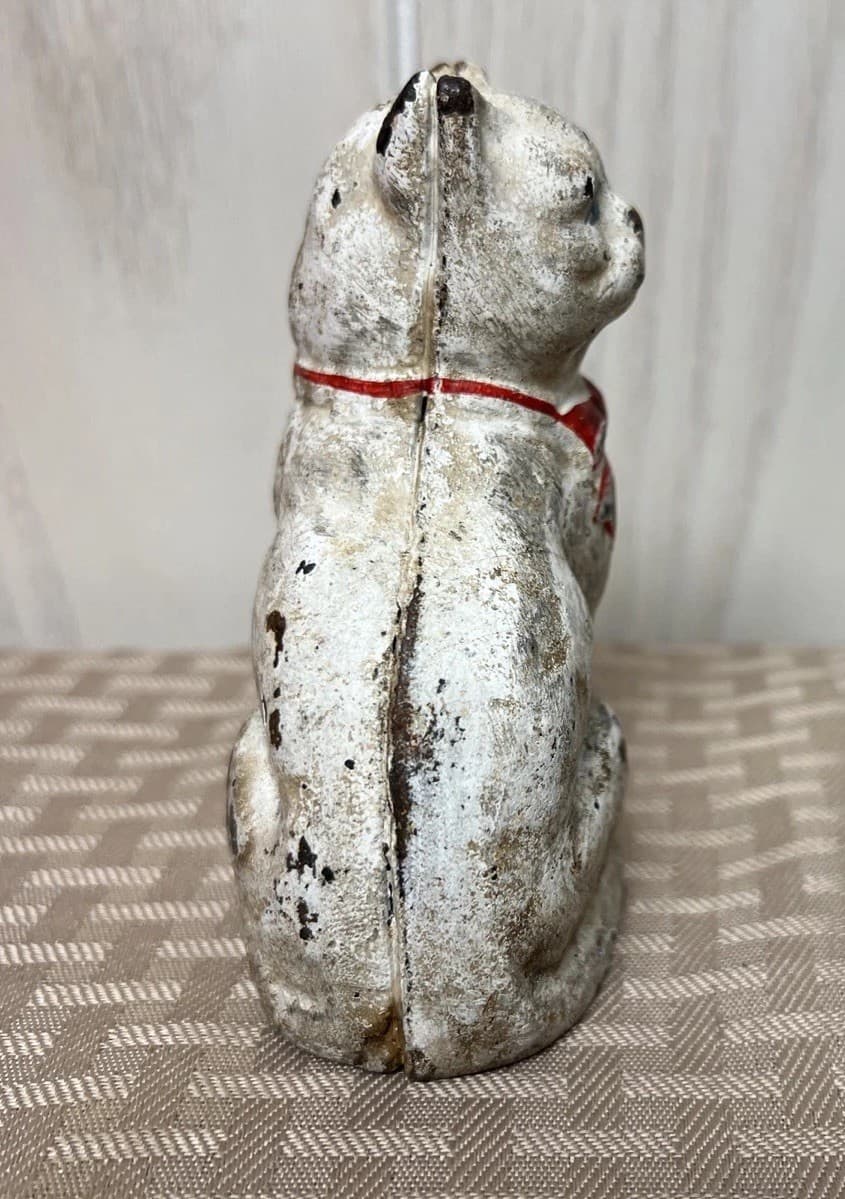 Antique Hubley? Cast Iron White Cat Red Bow Glass Eyes Coin Bank Kitty Worn 5