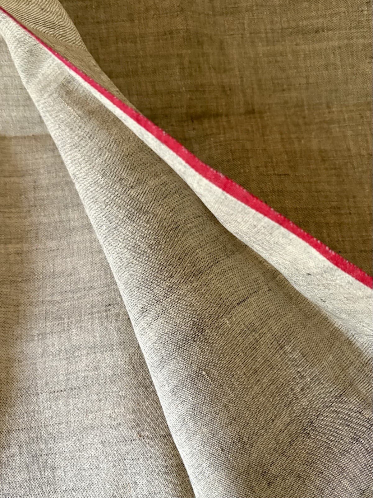 Vintage Pure Linen Fabric~ Natural Oatmeal Beige Red Stripe ~ Farmhouse Textile
