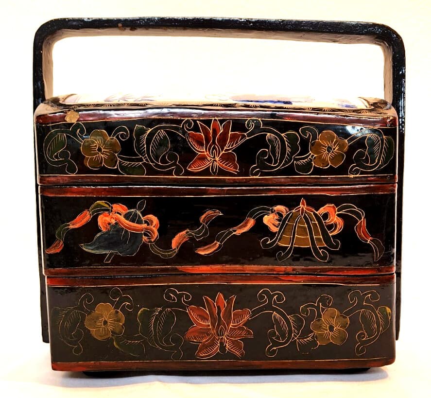 19 C.  Chinese Black Lacquer Porcelain Shard Stacking Lunch Bento Box 4