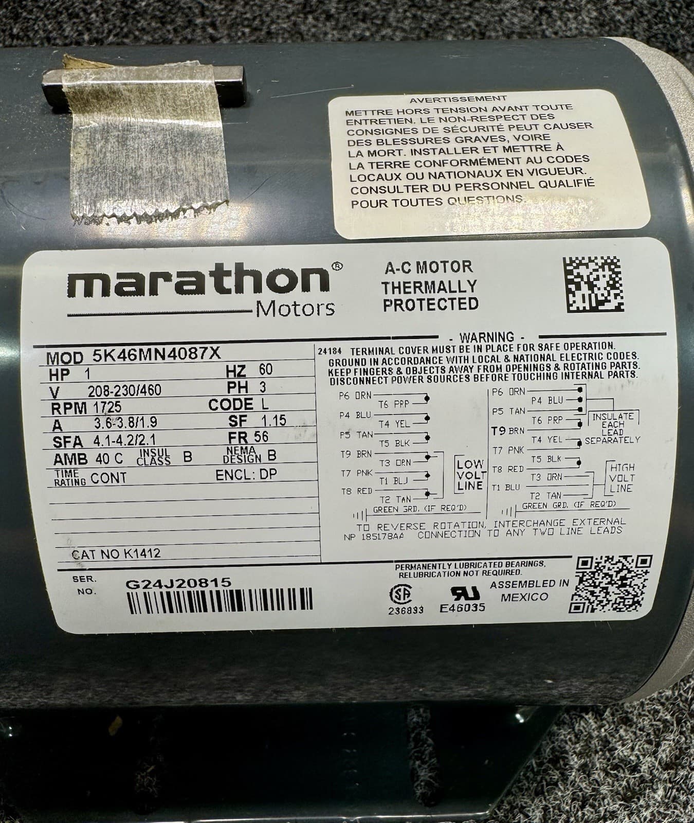 Marathon 5K46MN4087 Belt Drive HVAC Motor 208-230/460V, 1 HP, 1725rpm, 3 Phase 3