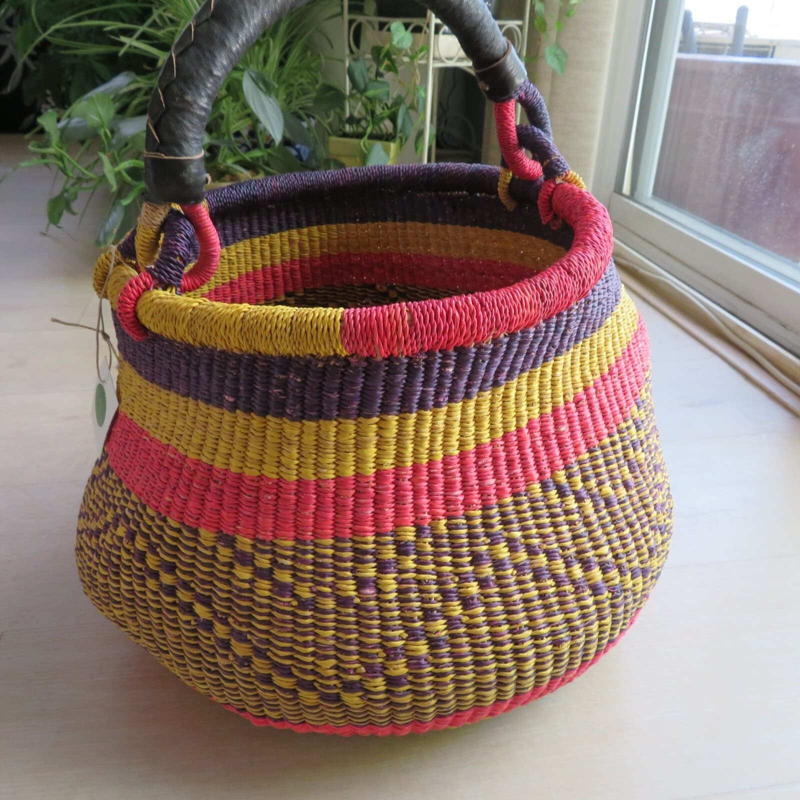 Handmade NEW Ghana Bolga Market Basket with Leather Handle Large Round 3