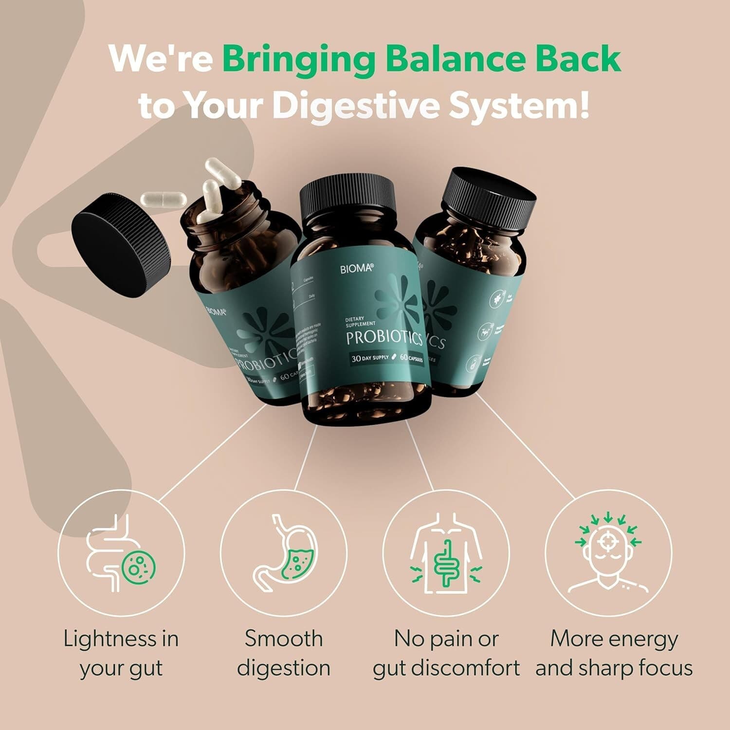 3 Pack BIOMA Probiotics Digestive Health Gut Support for Men & Women 60 Capsules 3