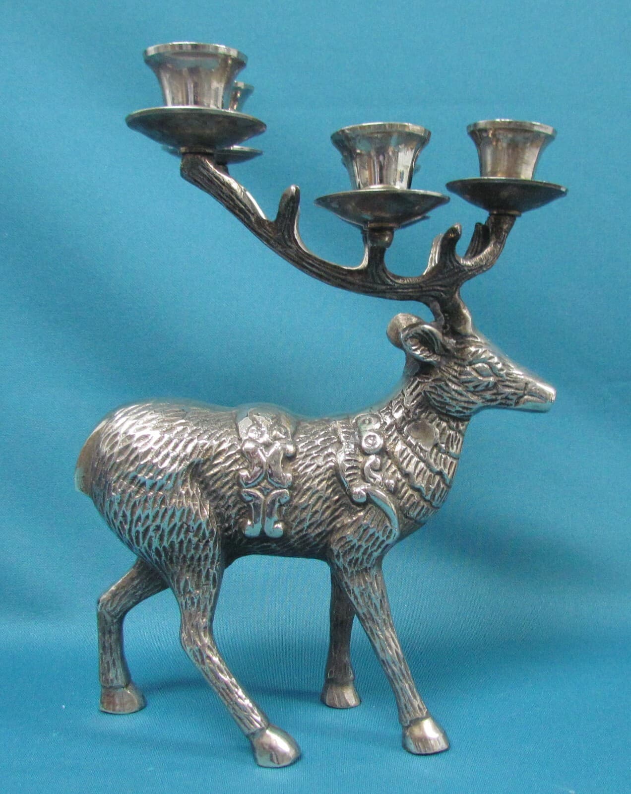 Reindeer Candelabra Silver Tone Cast Metal Christmas Deer 5 Candle 4