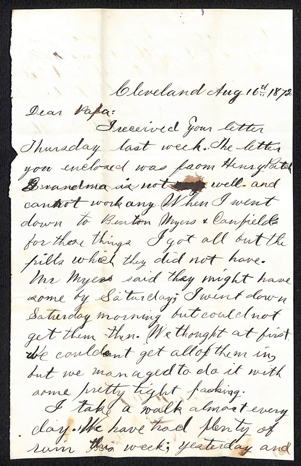 1872 ALS from Son in Cleveland to E. A. Smith, Warren, OH Druggist (#19)