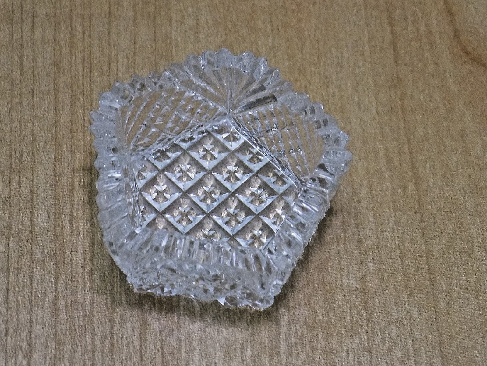 RARE PENTAGON CUT GLASS OPEN SALT CELLAR in DIAMOND & FAN PATTERN w/GRID BOTTOM 2