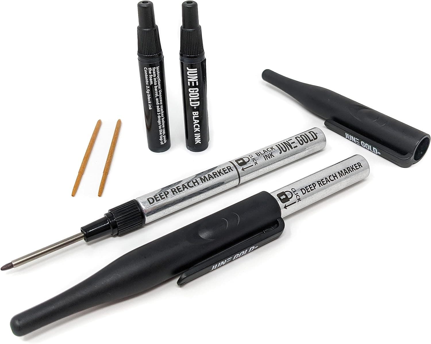 2 Black Deep Reach Markers, 2 Ink Refill Bottles, 2 Tip Replacements, 30 mm Reac