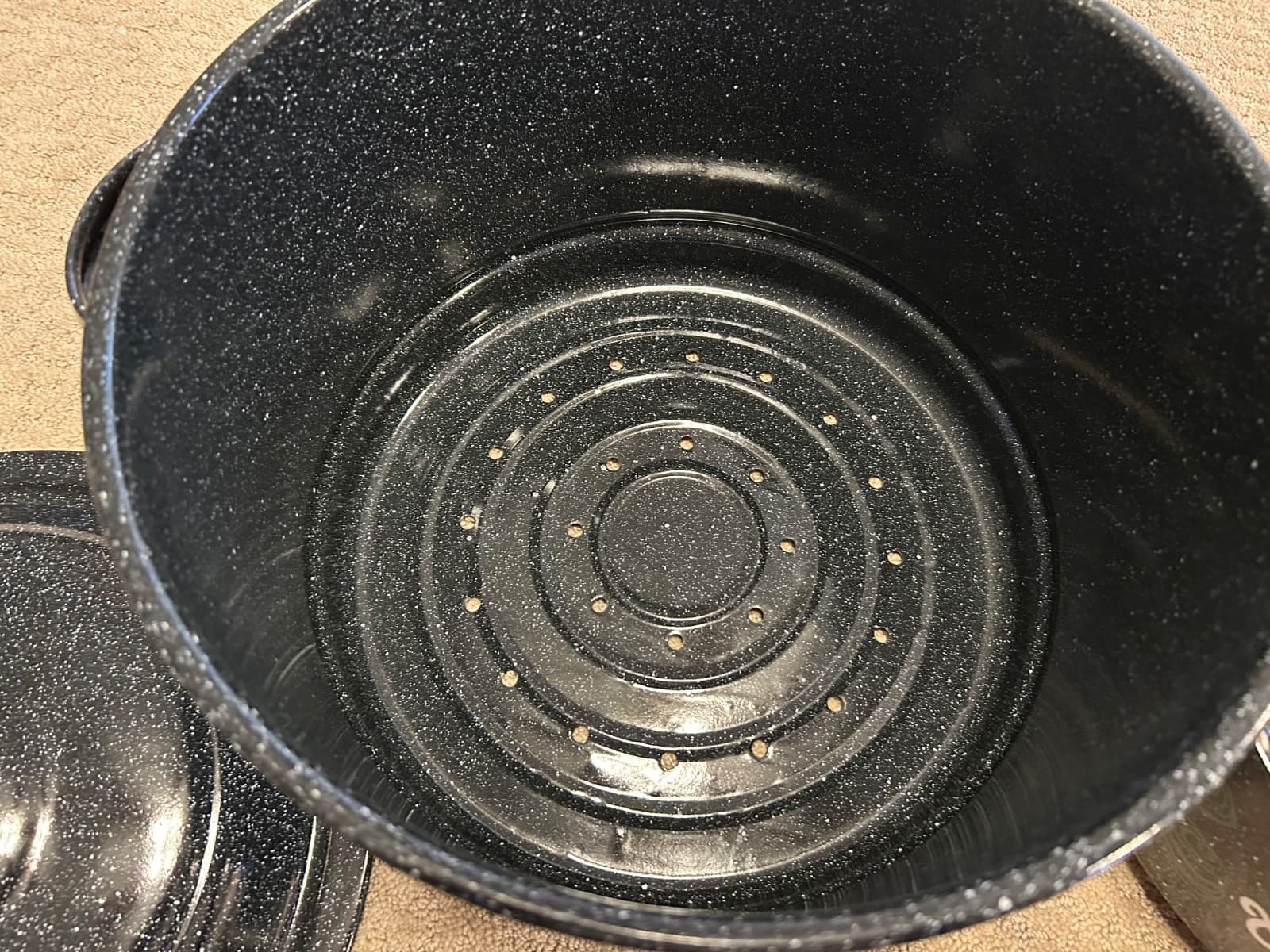 Vtg Black Speckled Enamel Double Steam Pot Clam Broth Lobster w/Spigot & Lid 5