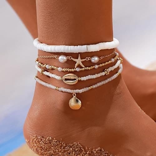Boho Shell Ankle Bracelet Set for Women, 5 Pairs 14K Boho Bead Classic-5Pcs-1 3