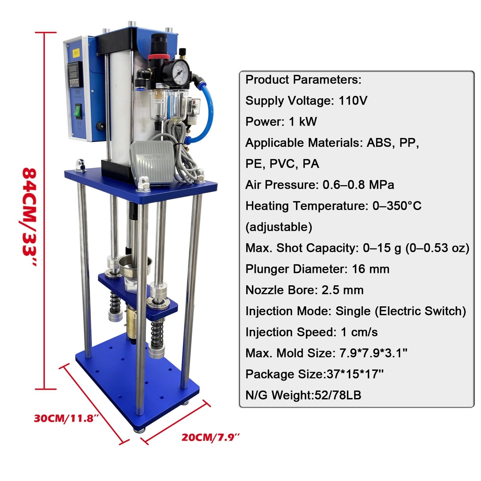 110V 1KW Pneumatic Plastic Injection Molding Machine 0-15g 0.6-0.8Mpa 0-350˚C 2