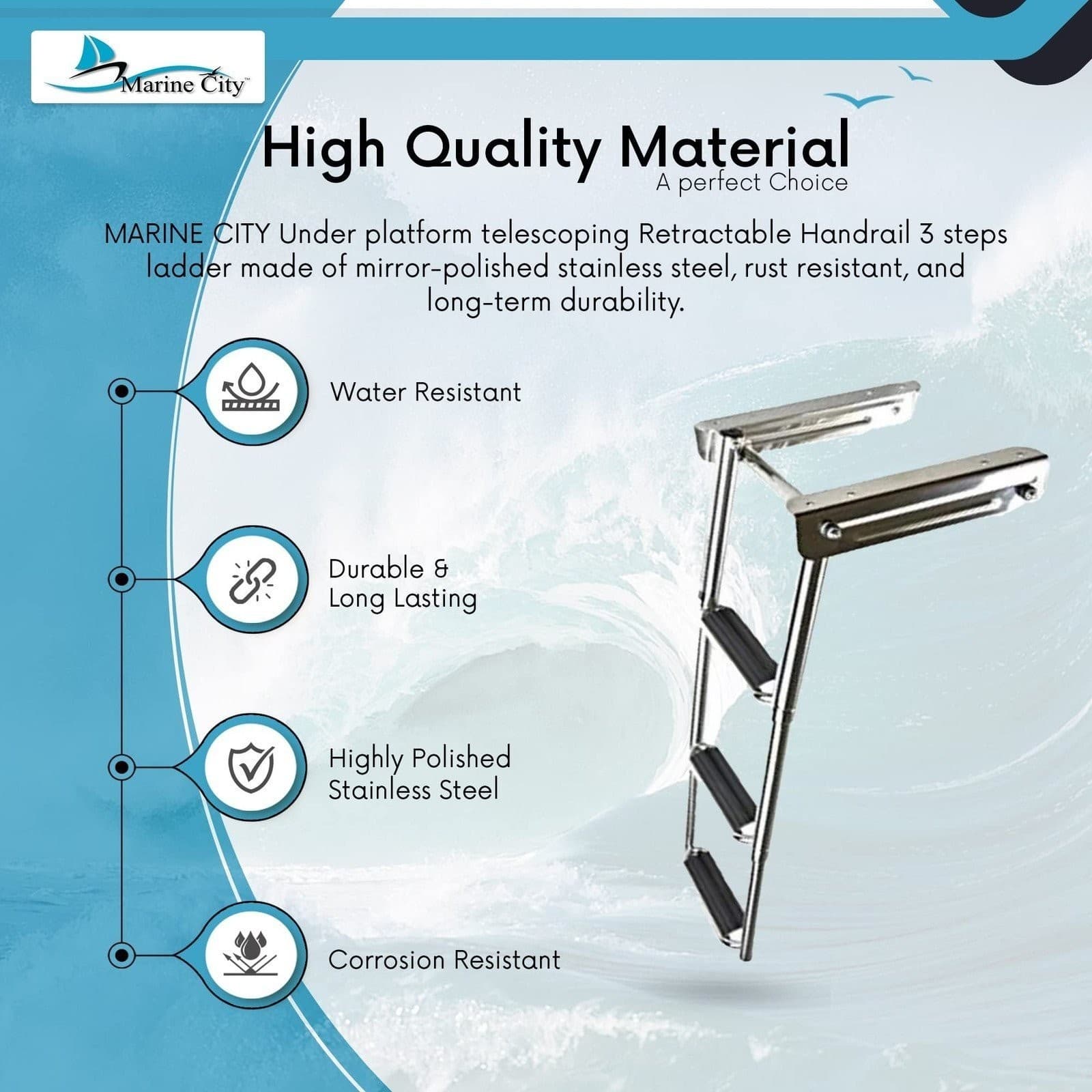 Marine City Stainless Steel Under Platform Telescoping Handrail 3 Steps Ladder 3