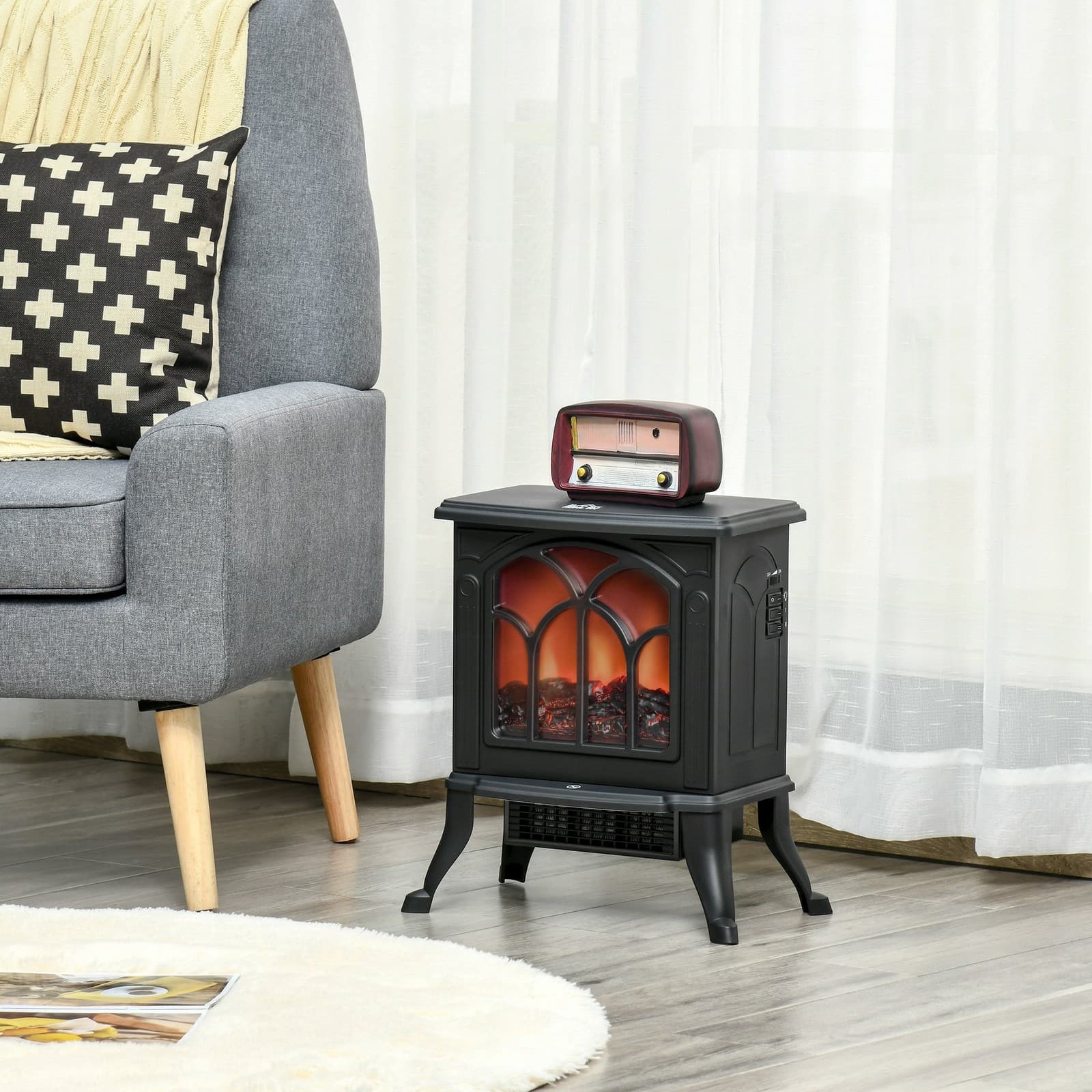 750W/1500W Small Electric Fireplace Stove Space Heaters for Indoor Use Log Flame 2