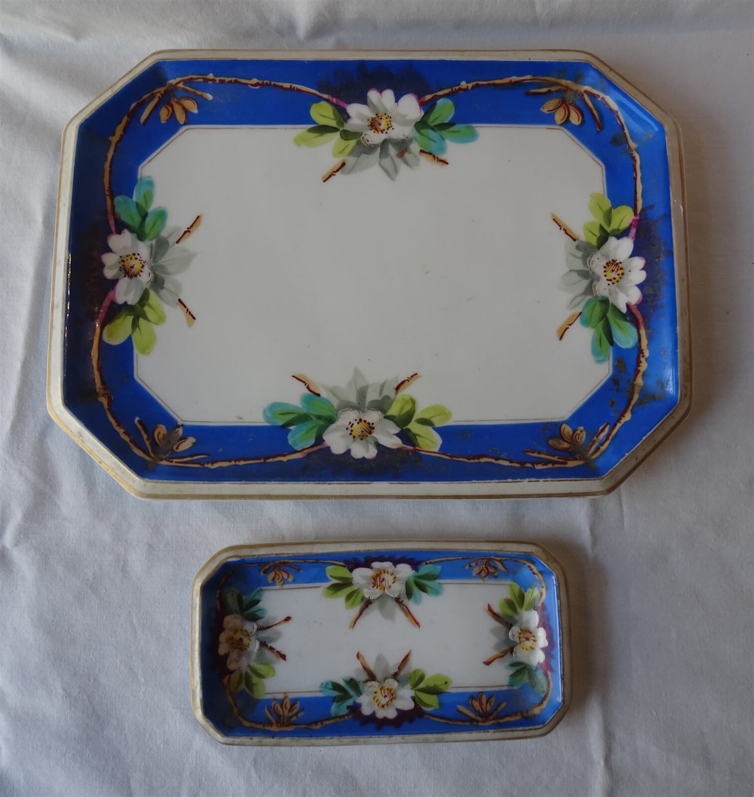 Antique 13 Piece European Porcelain Dresser Top Vanity Set, Floral, Blue & White 2