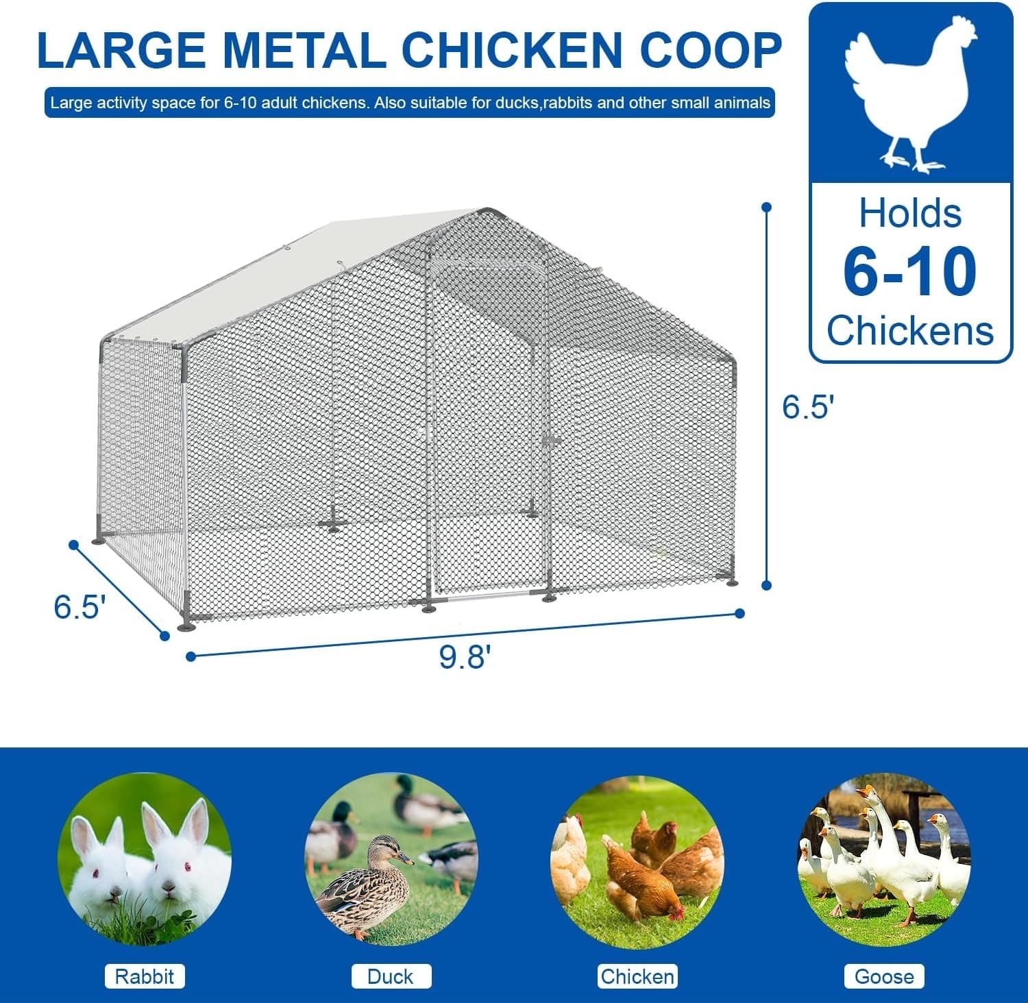 Large Metal Chicken Coop,Walk-in Hen House w/Cover,Poultry Cage,Chicken Run Yard 3