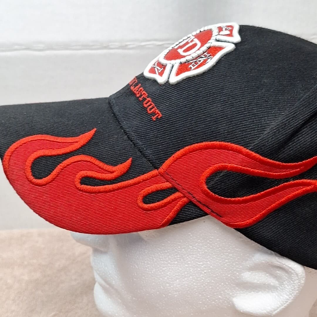 Vintage Fire Department Embroidered Black "First In Last Out" Flames Cap Hat 6