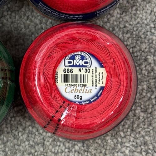 4 DMC Cebelia Crochet Cotton Thread Balls No 30 50g (2) 666 Red & (2) 699 Green 3