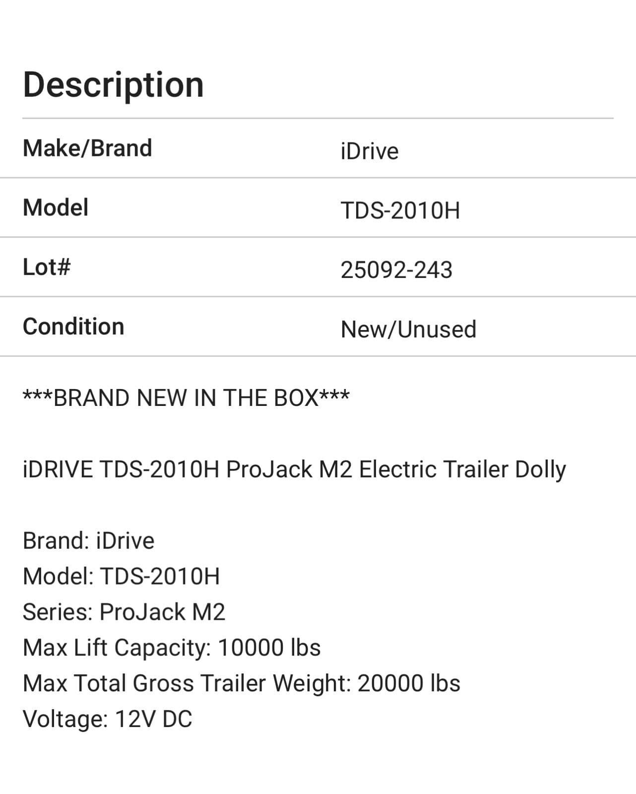 New iDRIVE TDS-2010H ProJack M2 Electric Trailer Dolly- Freight Shipping 2