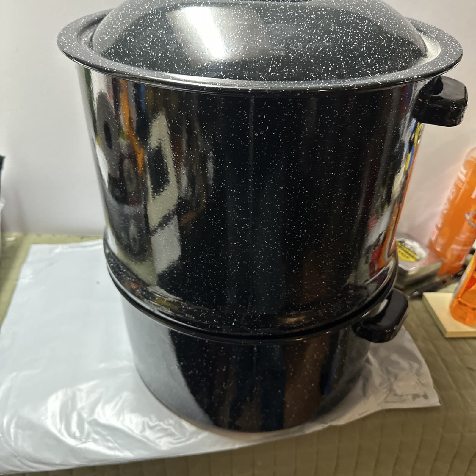 Vintage Enamelware Clam Steamer Double Steam Pot Broth Spigot Lid Speckled 6