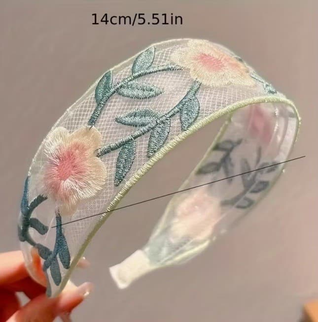 Vintage Retro Green And Yellow Floral Embroidered Lace Fabric Hair Band Headband 3