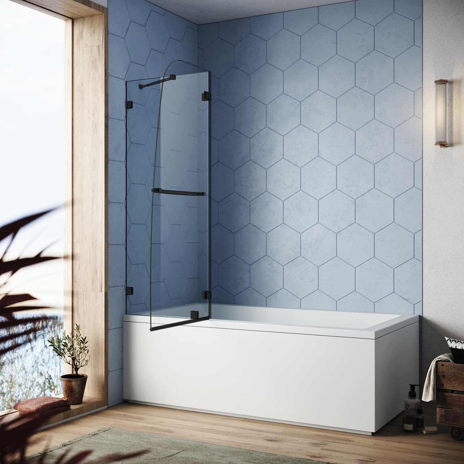 SUNNY Frameless Pivot Hinged Shower Tub Door Glass Panel Screen Black Finish 2