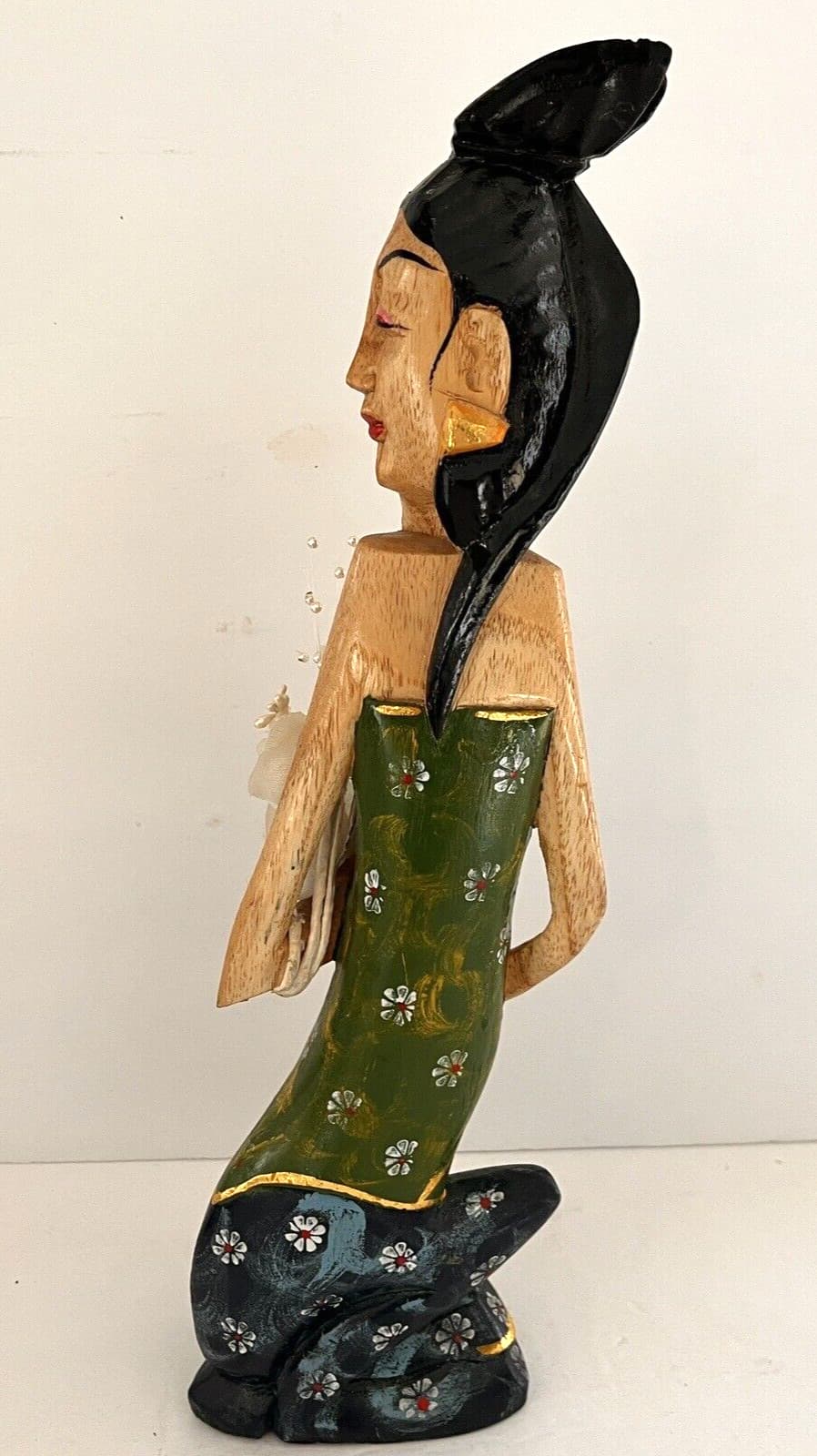 Asian Lady Hand Carved & Painted  with Flowers 14"  Unique OOAK Vintage 4