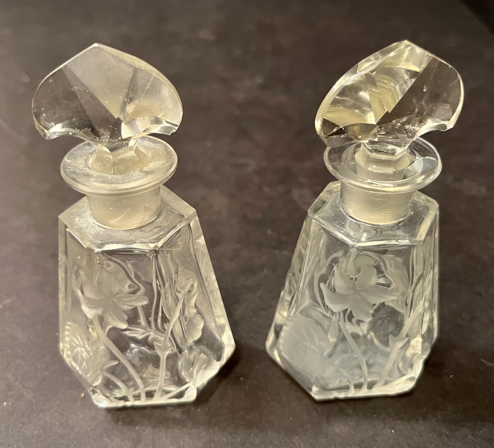 Antique Czechoslovakia Crystal Floral Etched Scent Perfume Cologne Bottle - Pair 3