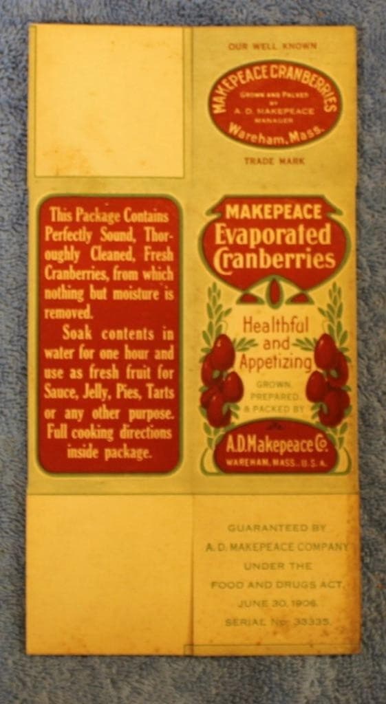 Makepeace Evaporated Cranberries Box  A.D Makepeace Company Wareham, Mass Unused