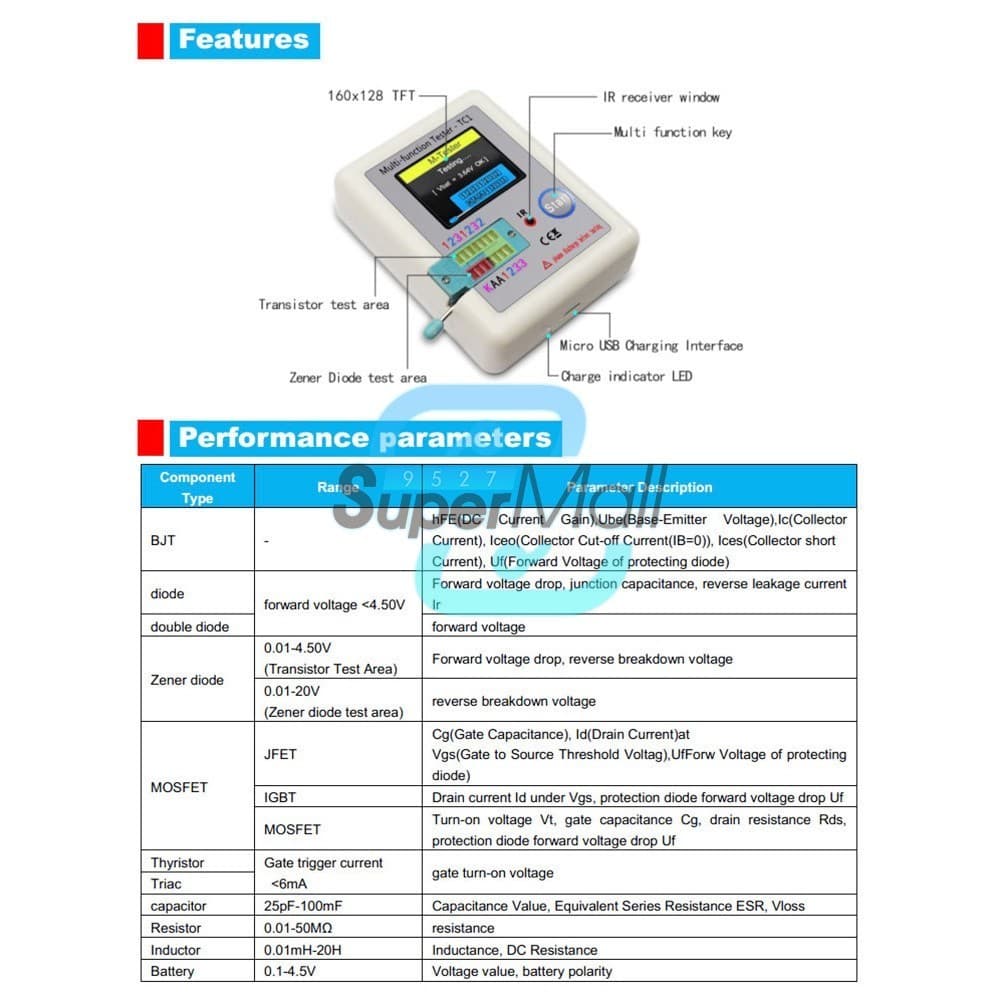 LCR-TC1 Transistor Tester Diode Triode Capacitance Meter LCR ESR NPN MOSFET US 4
