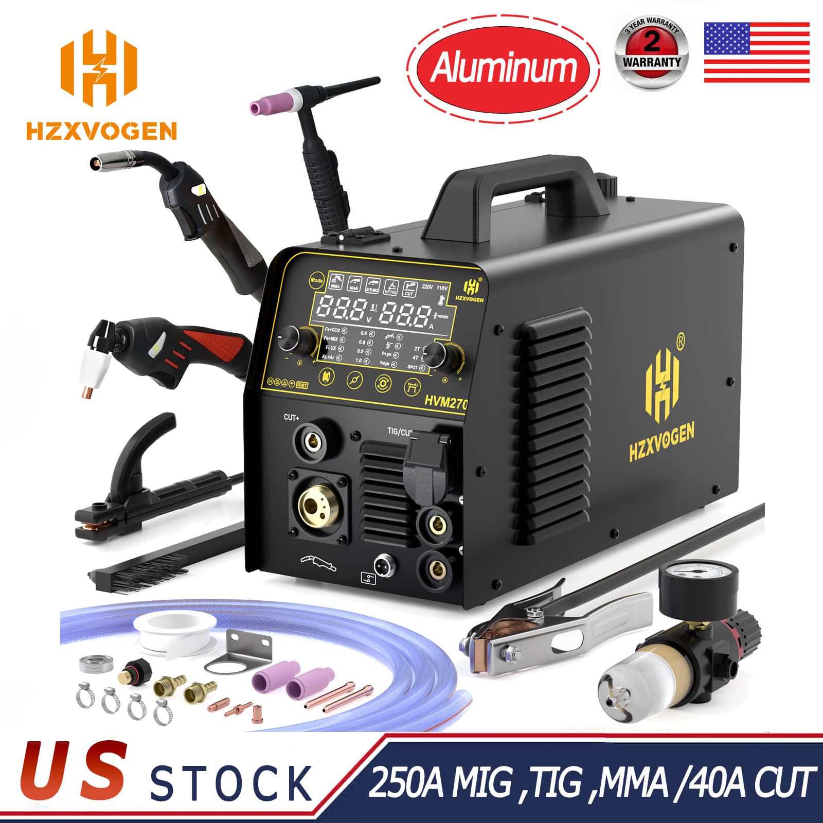 250A Aluminum Gas MIG Welder w/HF TIG/Flux Core MIG/Stick,220V 40A Cutter Combo