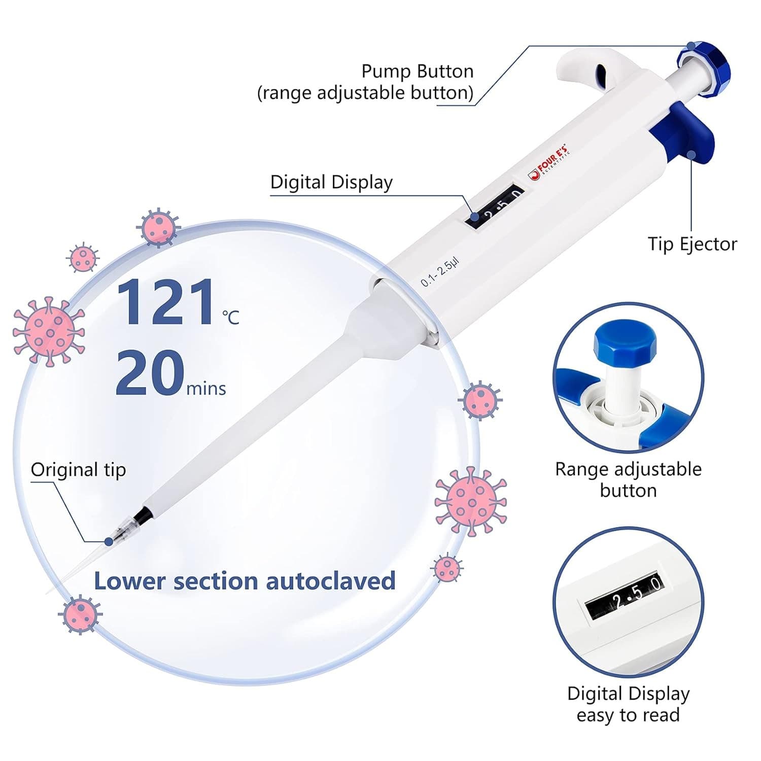 FOUR E'S SCIENTIFIC Variable Volume Single Channel Pipettors, 0.1-2.5uL  2