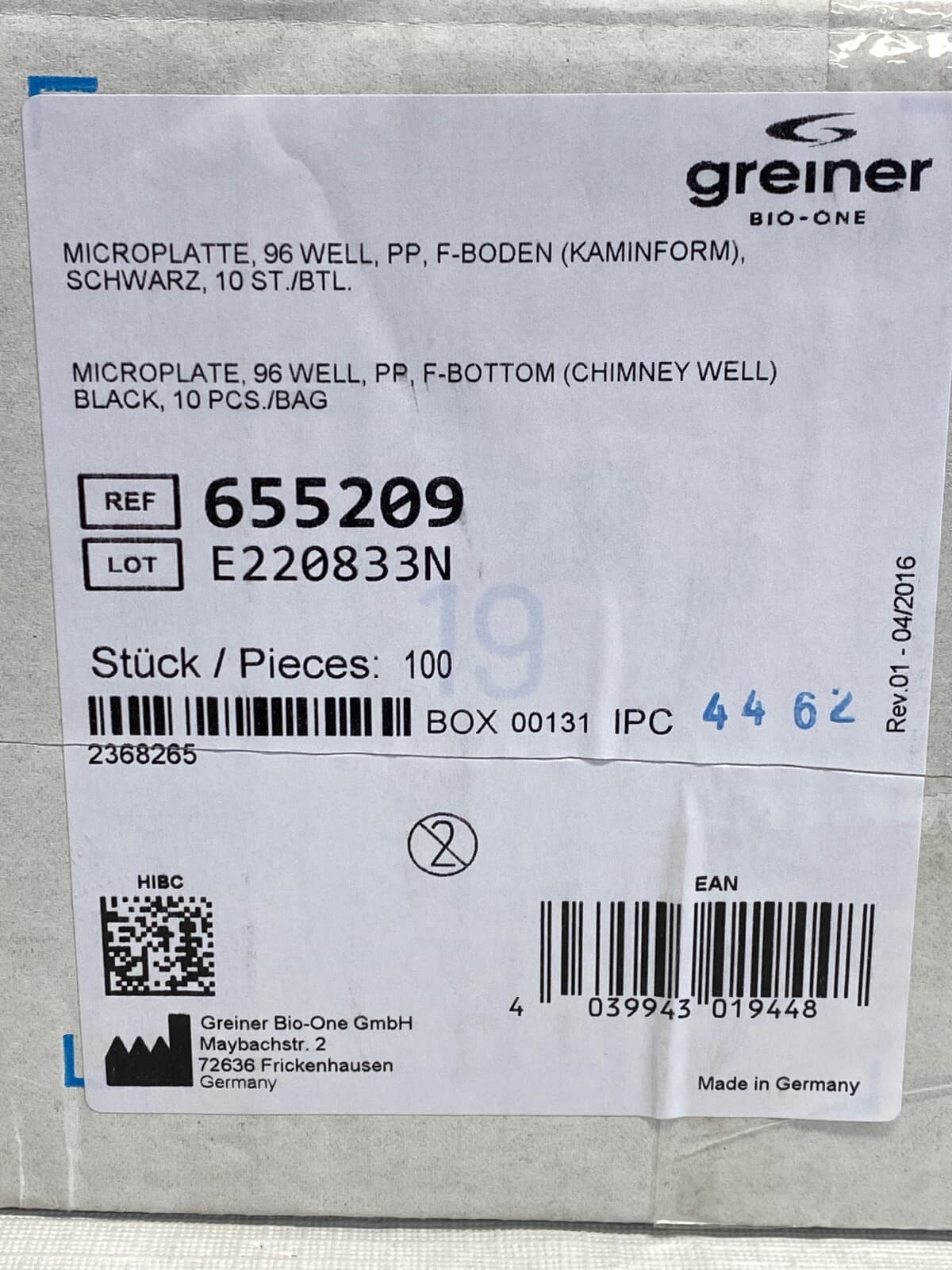 (100/Cs) GREINER Bio-One 96-Well Black PP Microplate Flat Bottom Chimney 655209 2